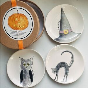 RAE DUNN 3 Piece Set Ceramic Halloween Snack Plates 6” Witch Hat Owl Black Cat